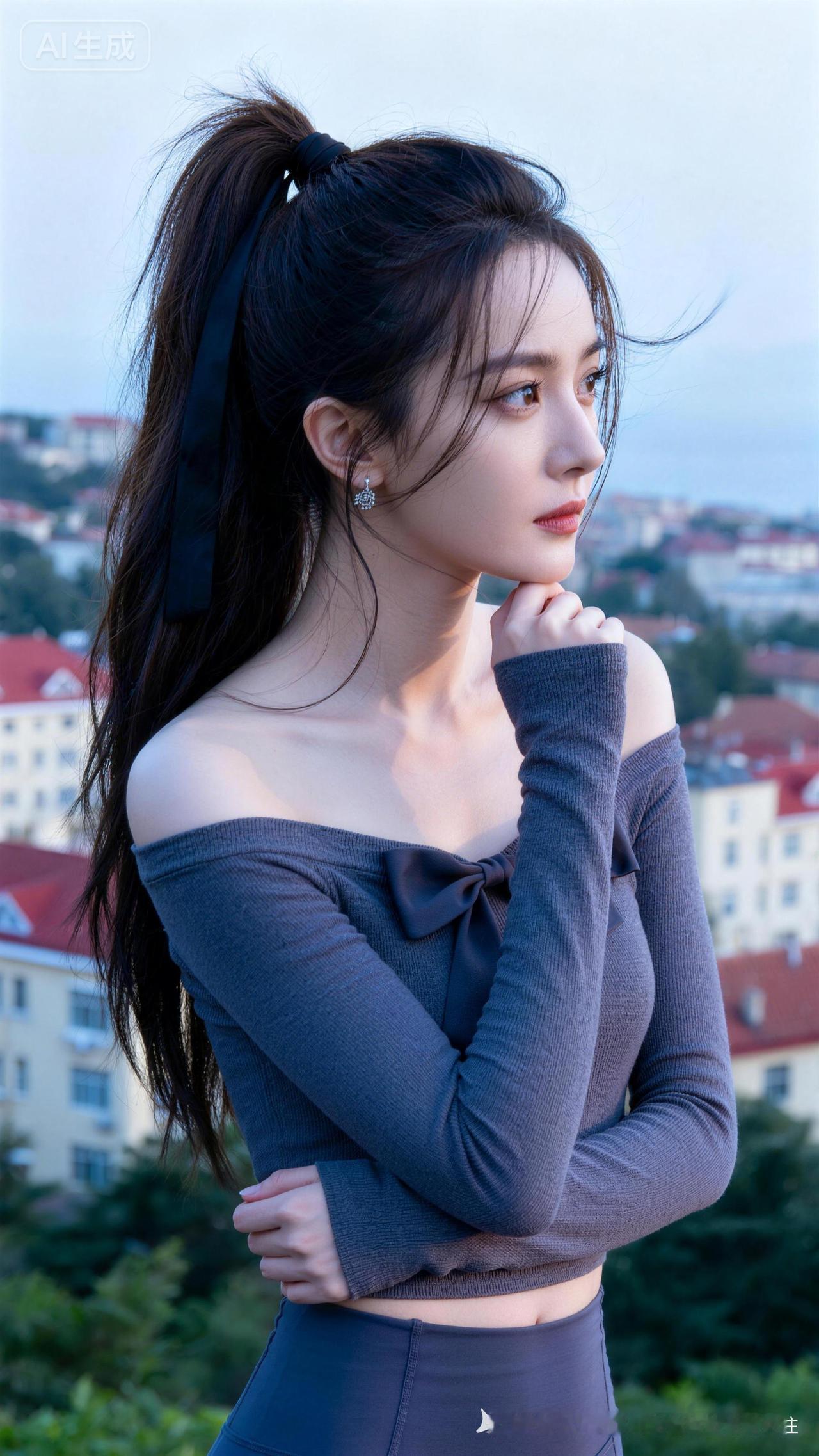 这姑娘站在城市背景前，看着远方。