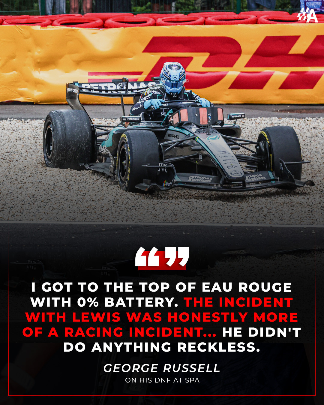 f1拉塞尔在退赛后的采访。他表示，相比与汉密尔顿的碰撞，他更不满的是导致这次事