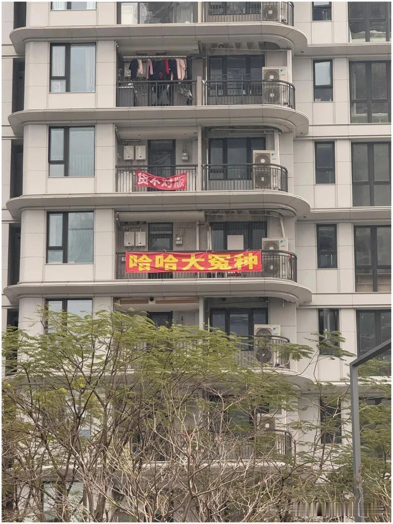交房不满意，直接拉横幅。法拉利宣传，拖拉机交付。很多人买新房就是自带滤镜，各种