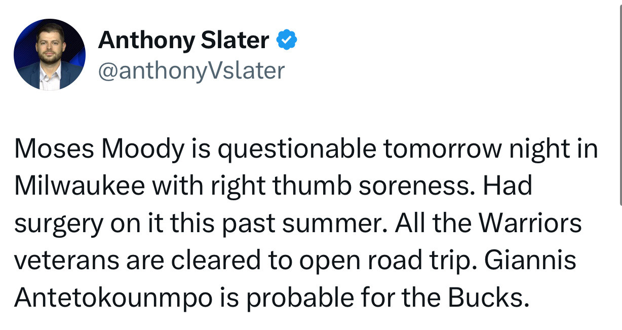 队记斯莱特：穆迪明日比赛出战成疑，因右手拇指酸痛，能否出战明天在密尔沃基的比赛存