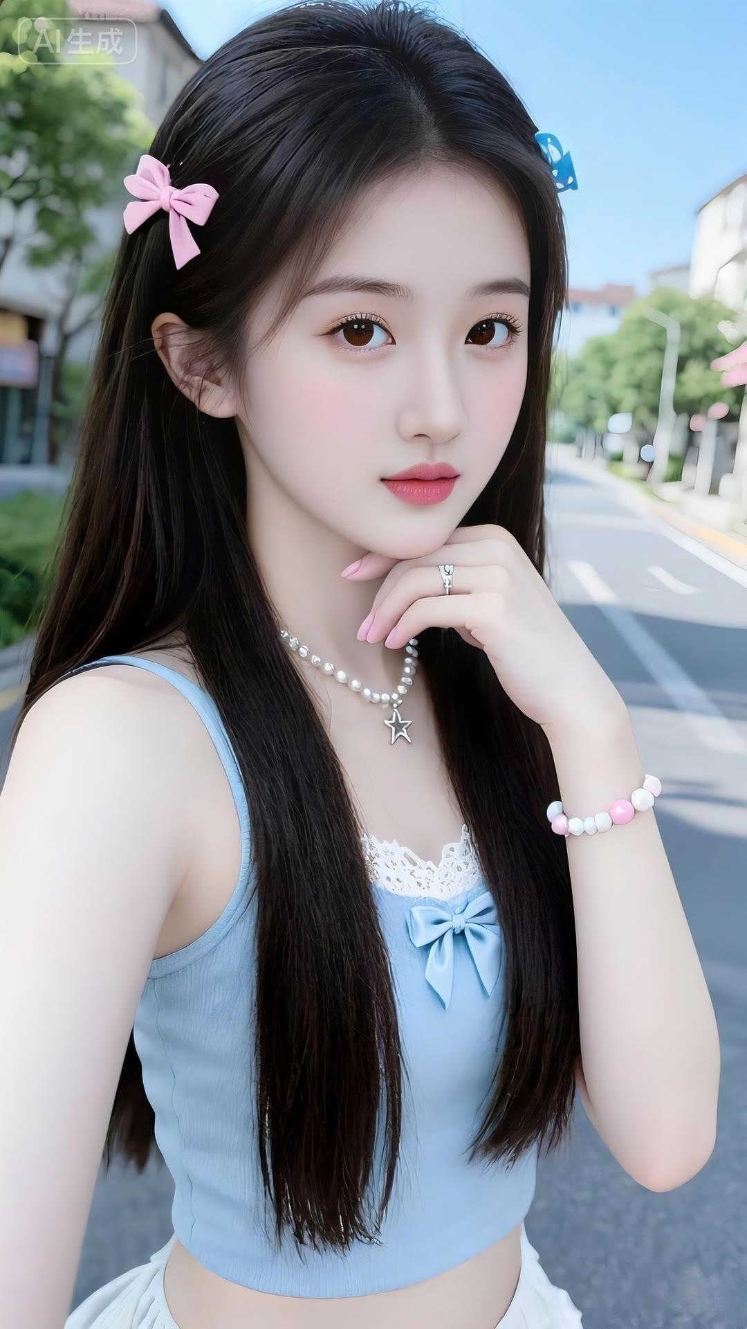 甜美少女风，粉色蝴蝶结发饰，清新夏日穿搭