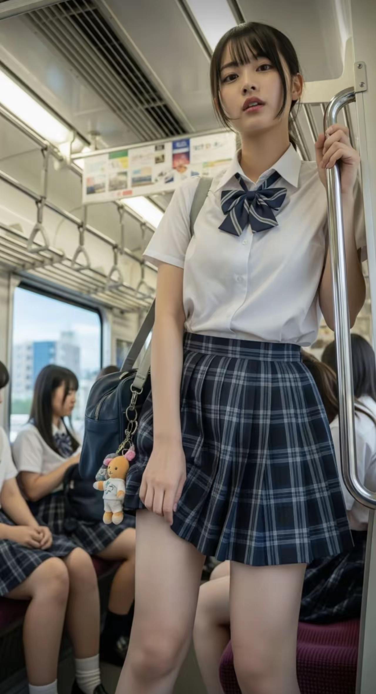 眉眼精致又灵动，站在电车里的样子，像从日系青春漫里走出来的一样～清冷又甜美的气