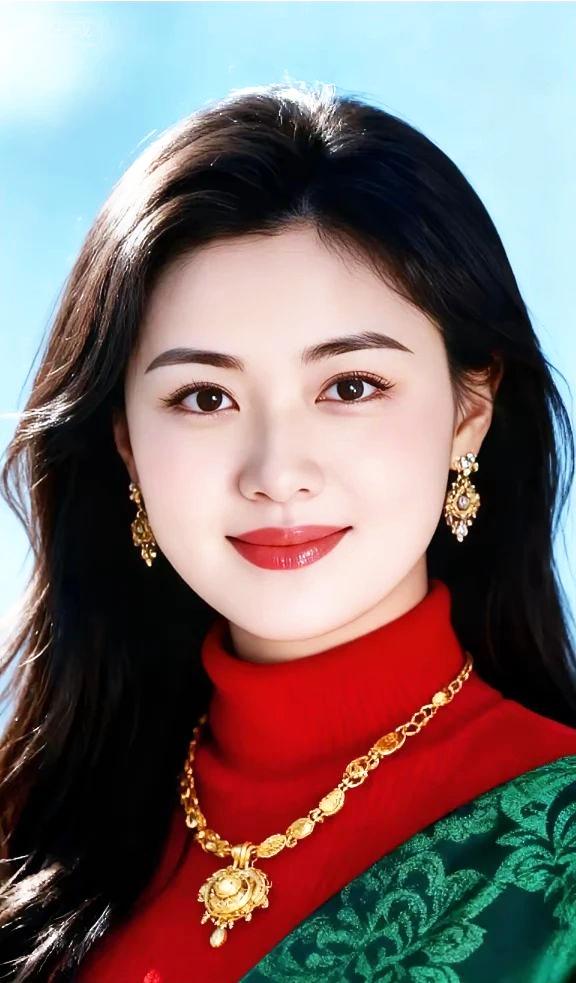 优雅红衣少女，金色项链闪耀，清新自然妆容，美丽动人！🌸💎💄