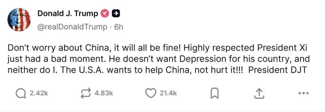 特朗普周五发贴表达对中国的不满，威胁要对中国商品加征100%关税后，他在周日又发