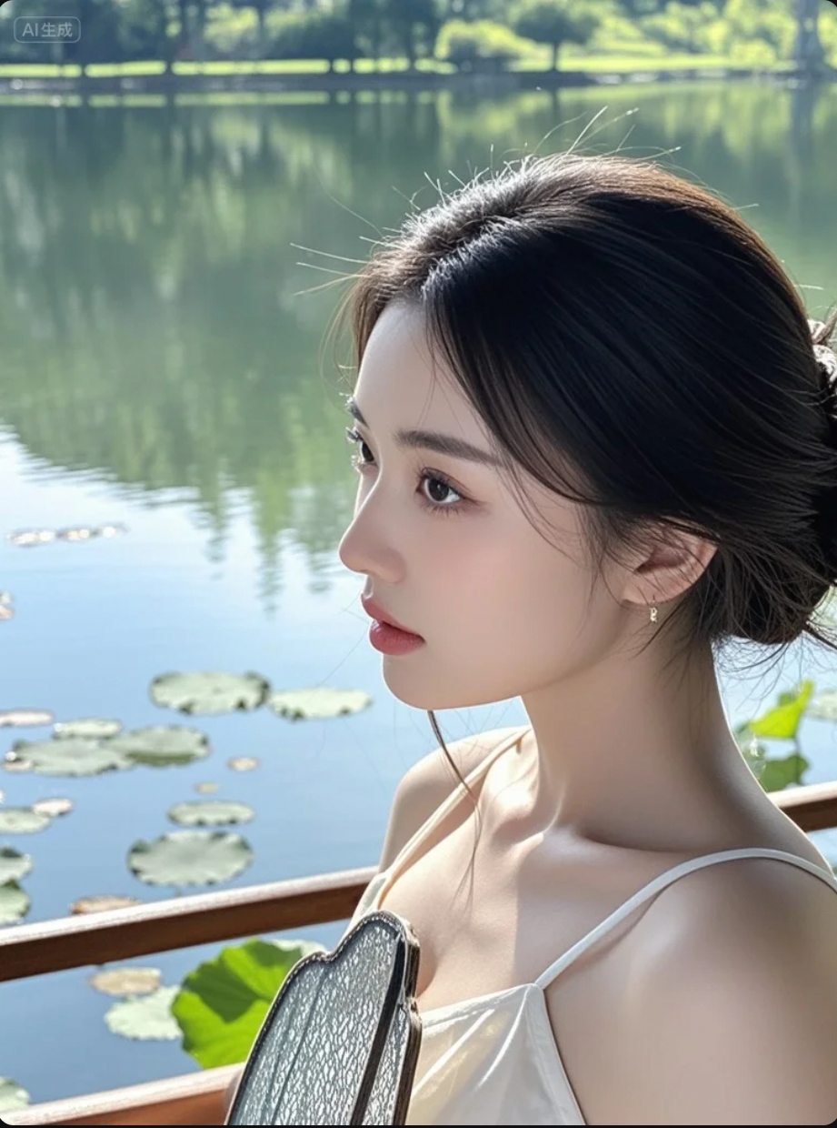 她站在湖边，像一首被风吹散的词