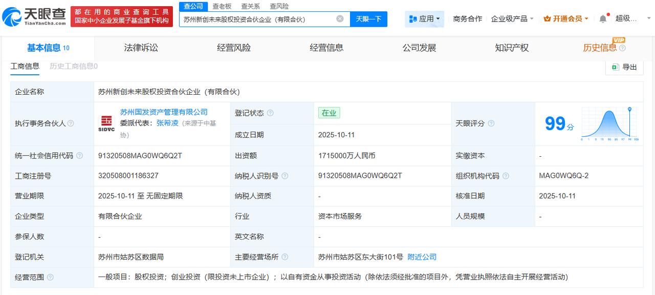 出资额171.5亿天眼查工商信息显示，近日，苏州新创未来股权投资合伙企业（有限