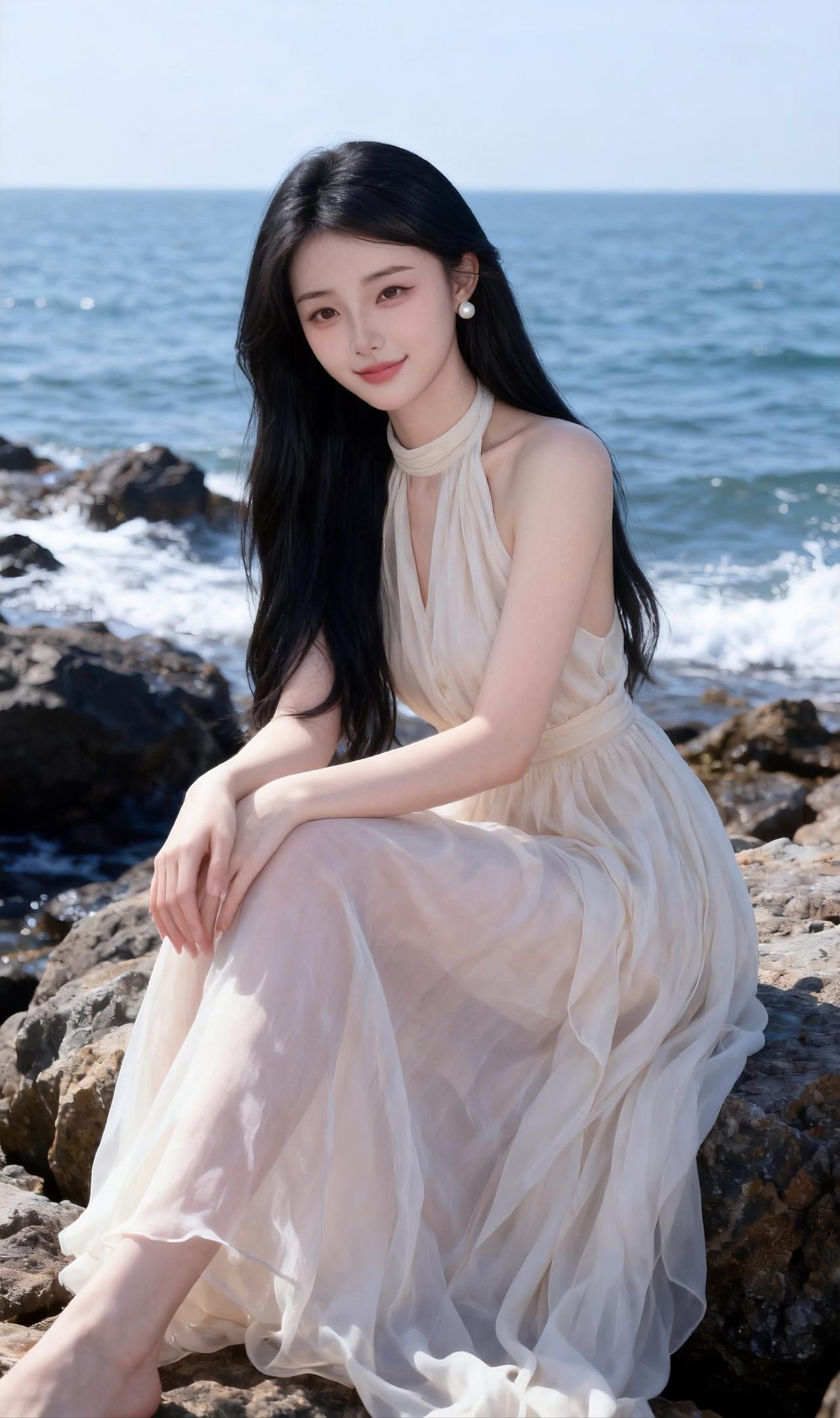 碧海潮生处，美人倚石坐。