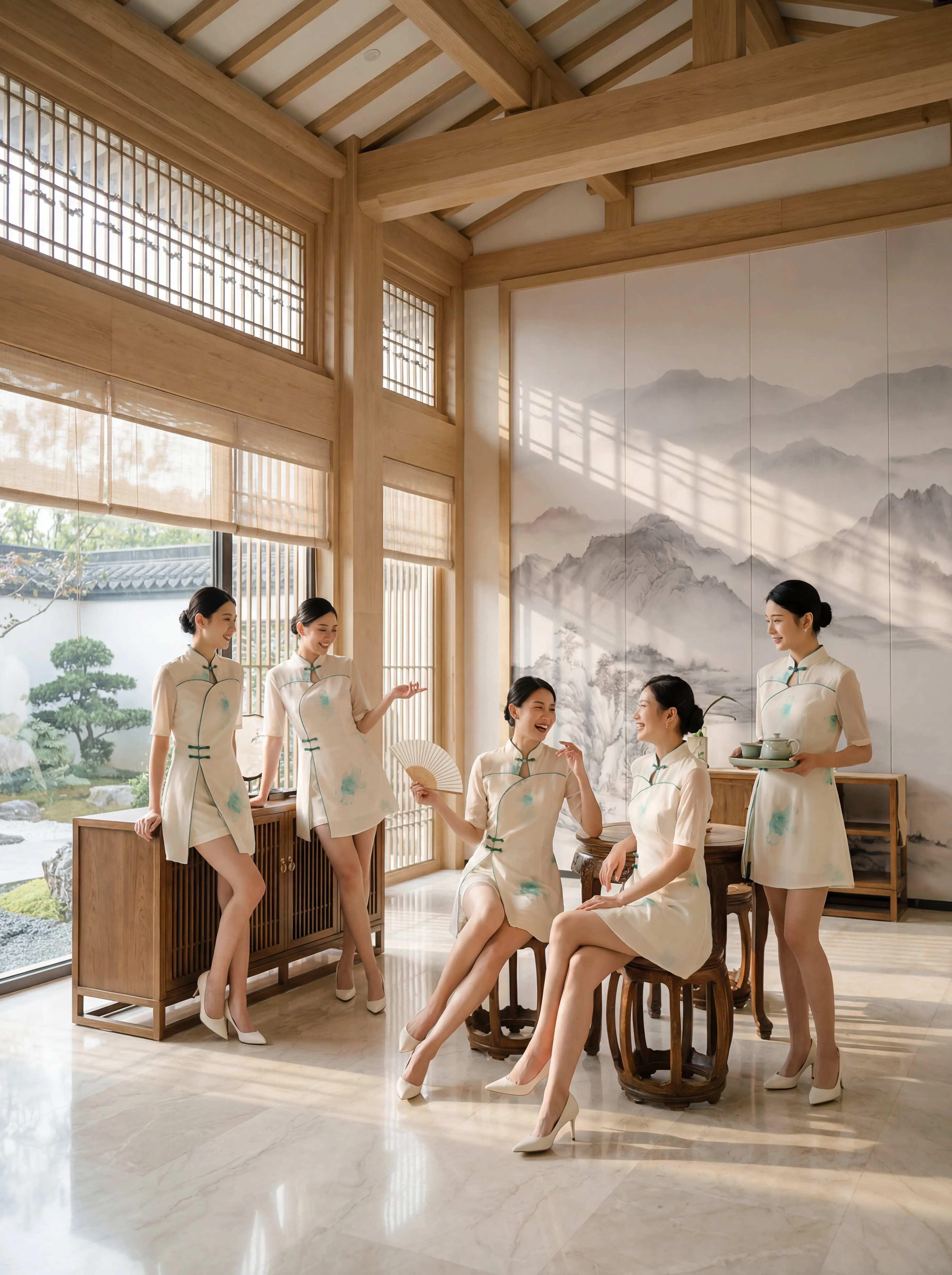 这对奶杏色水墨旗袍太绝了，清冷风拿捏住✨。保留了立领盘扣的国风灵魂，A...