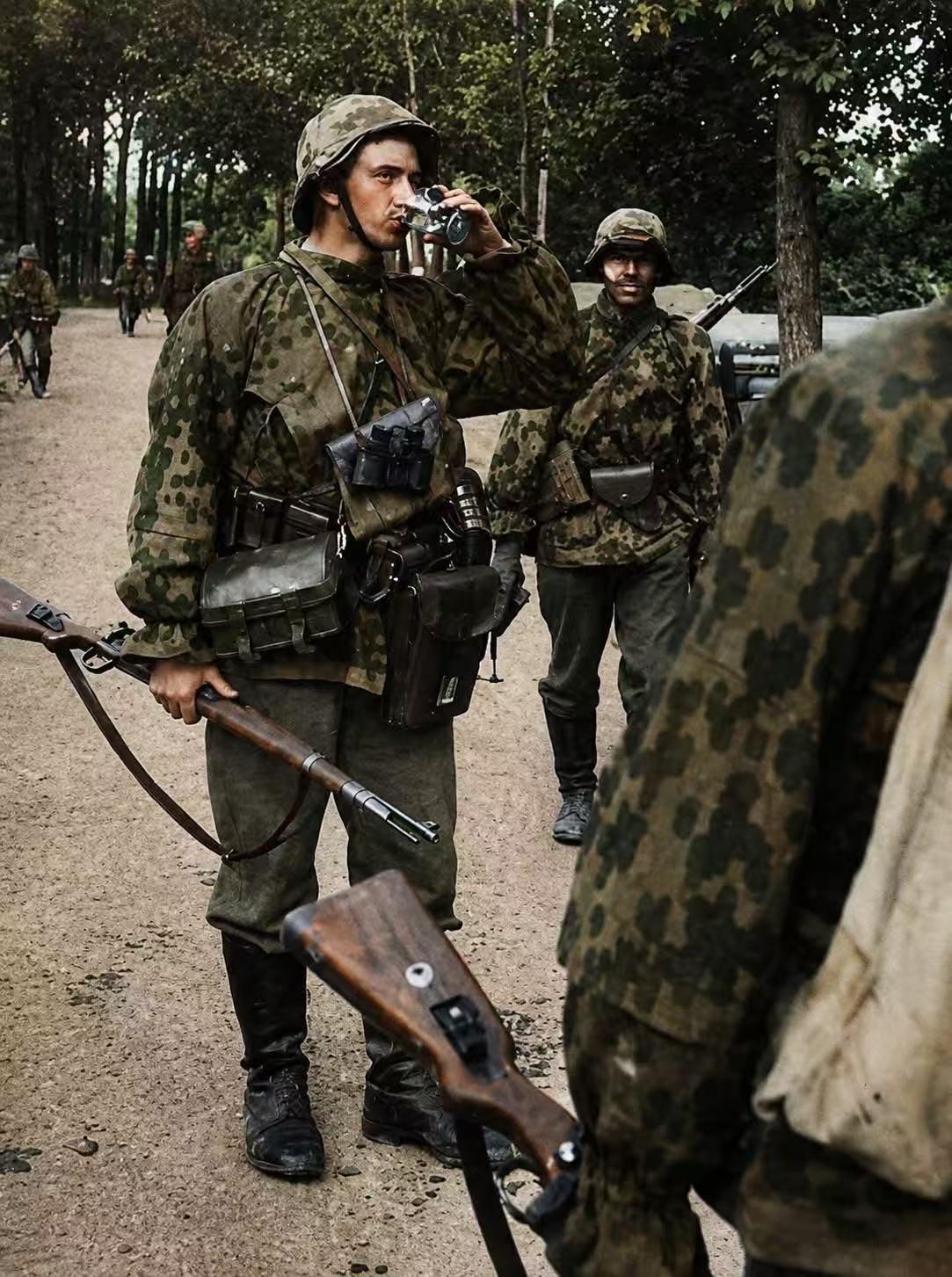 照片记录了二战东线战场，德国武装档卫军步兵在林间小道上休息的场景。一名士兵正