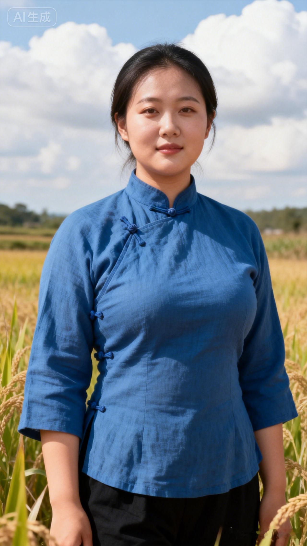 田园少女，蓝衣飘飘，感受自然的美好。