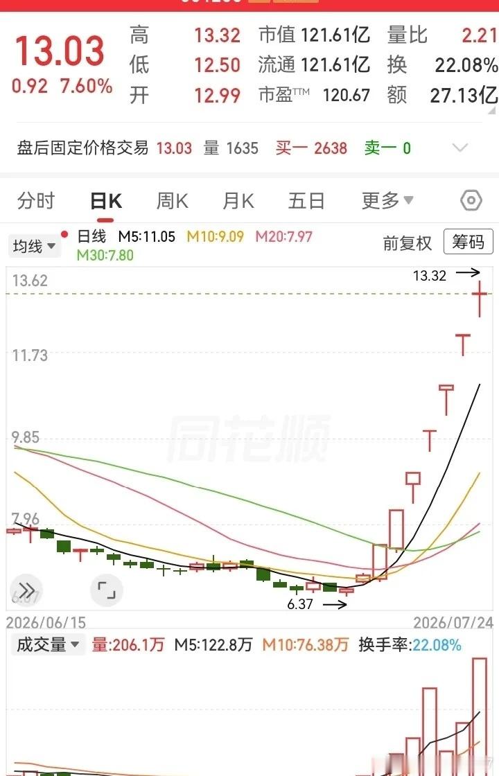 这走势真绝了！连涨半个月，从6块多飞到13块，高度一下子翻倍了。前期还在一路阴跌