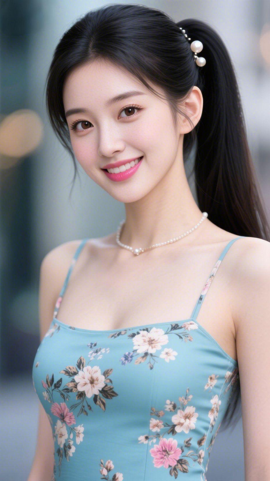 青裙载花遇轻风街巷的风裹着软意漫过时，她正立在浅光里浅笑。青蓝裙身缀