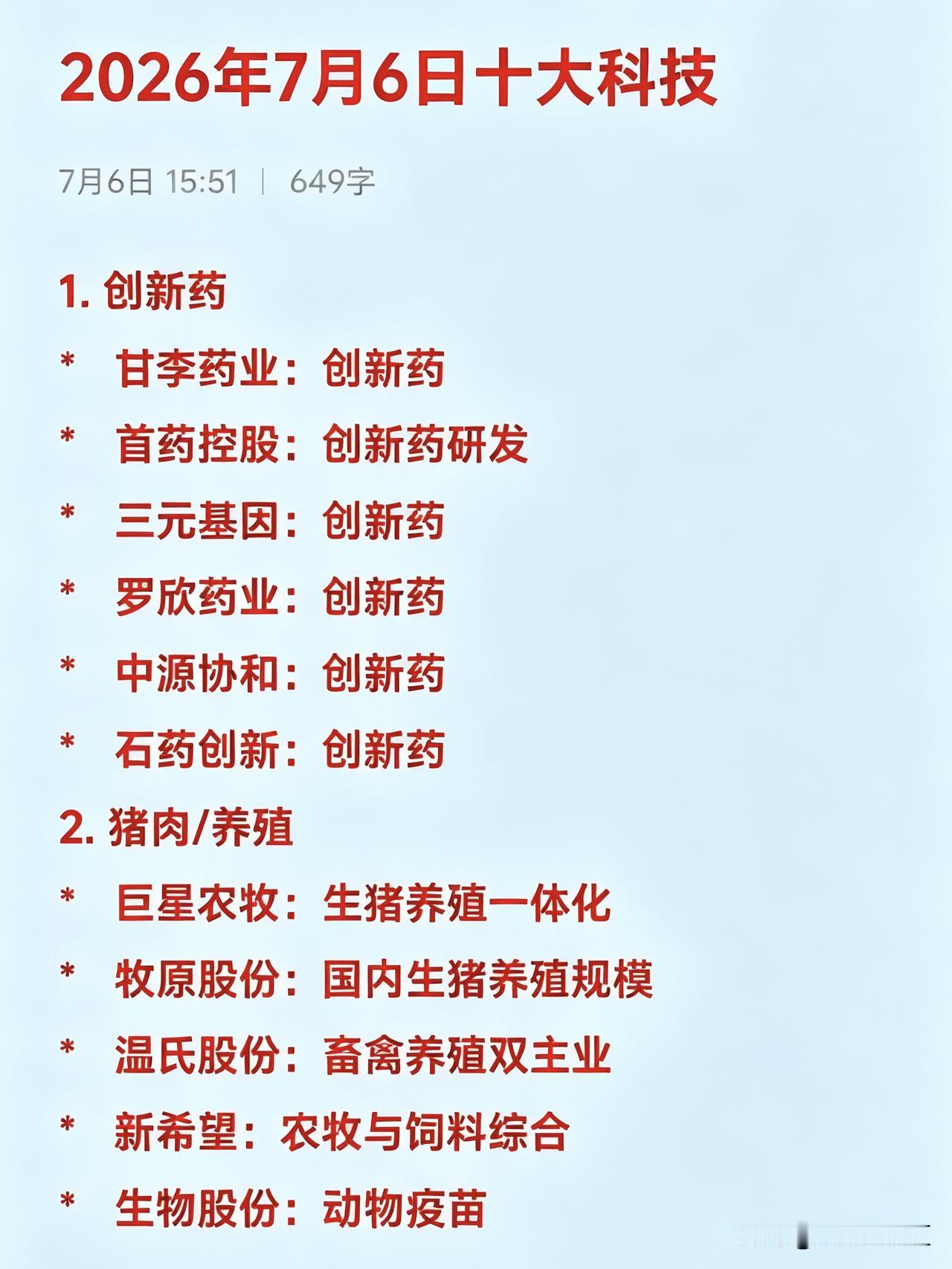 2026年7月6日十大热点科技及其产业链核心龙头1.创新药*甘李药