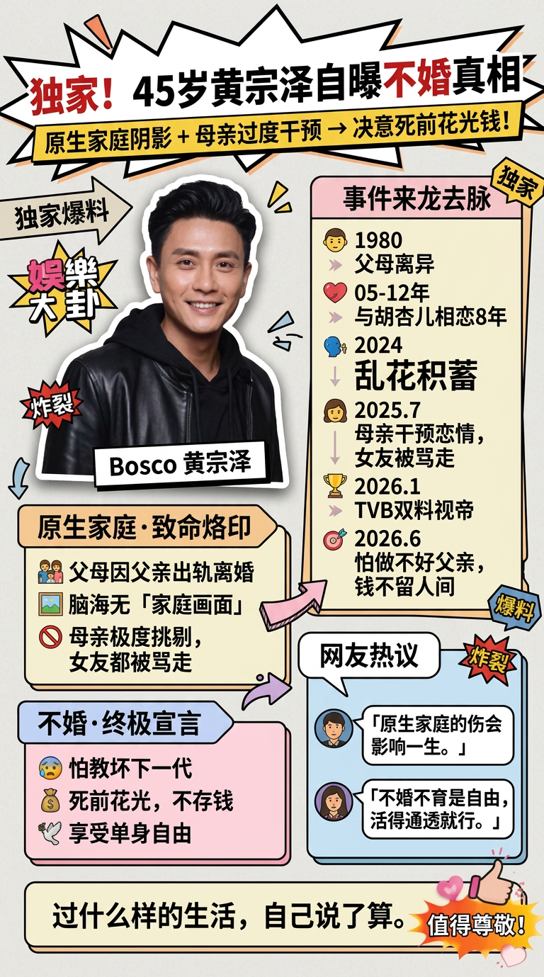 45岁黄宗泽突然宣布：不婚、不生、钱死前全花光——网友看完他说的理由，集体沉默了