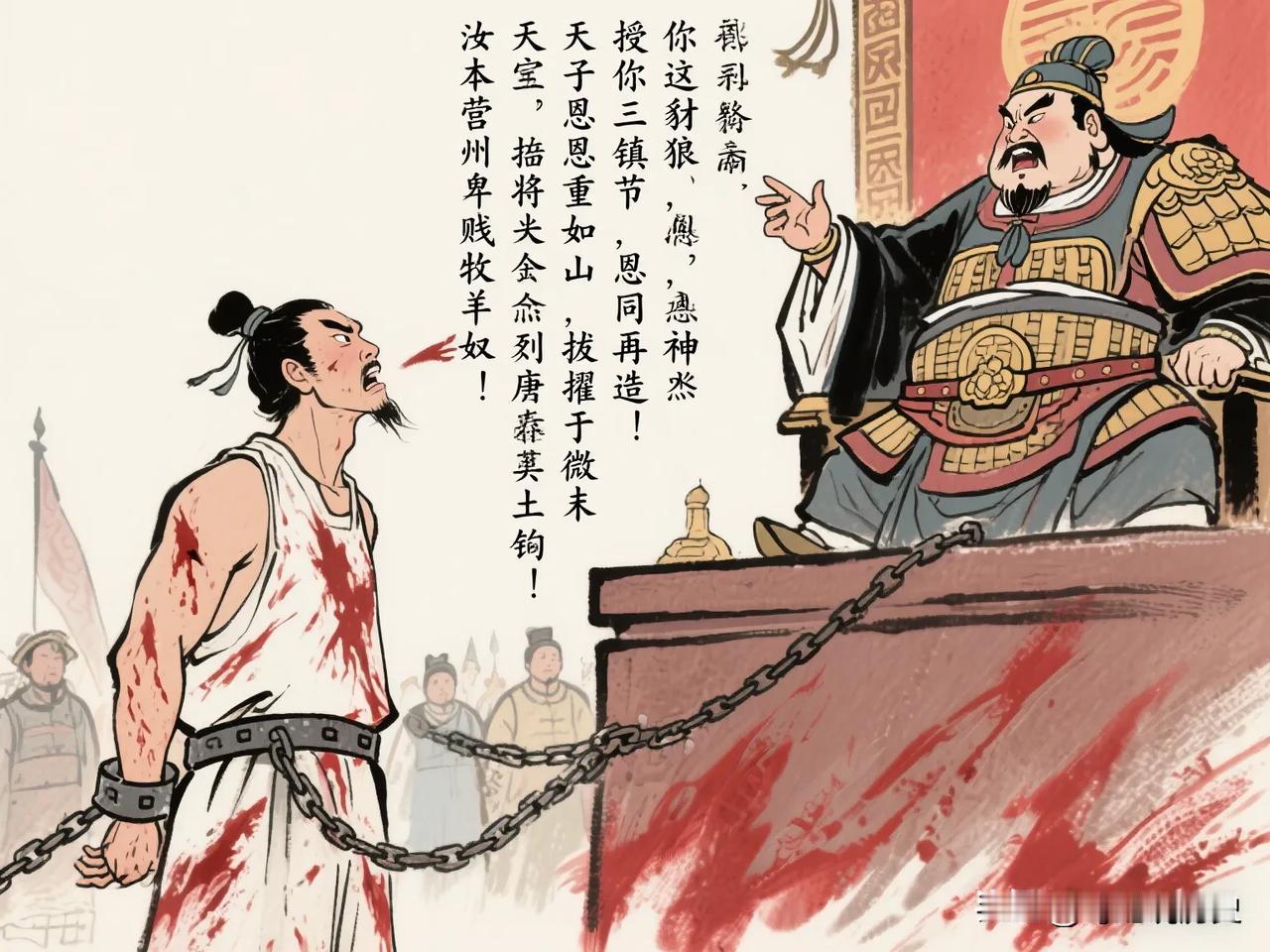 天宝15年，颜杲卿被叛军抓到洛阳，安禄山令人用铁勾勾住他的舌头撕扯，鲜血激射如泉