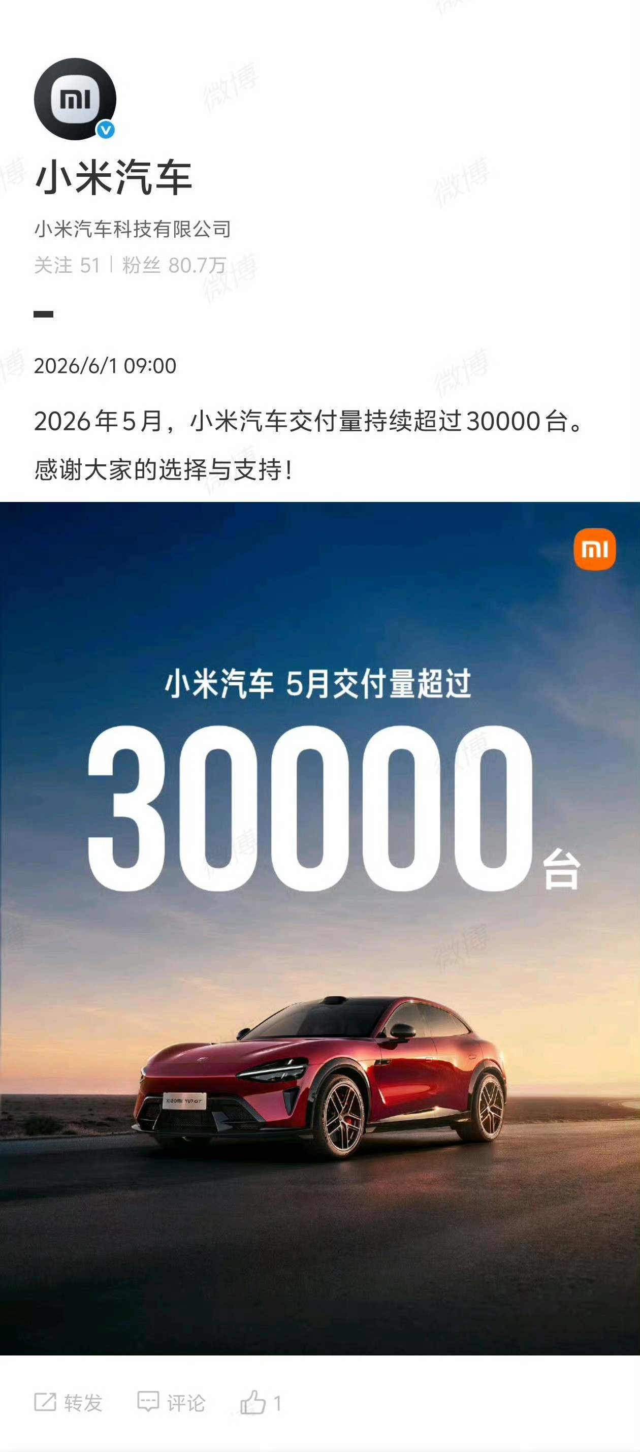 小米汽车5月交付超过30000台最近车市整体行情真不算好，乘联会数据显示1-4