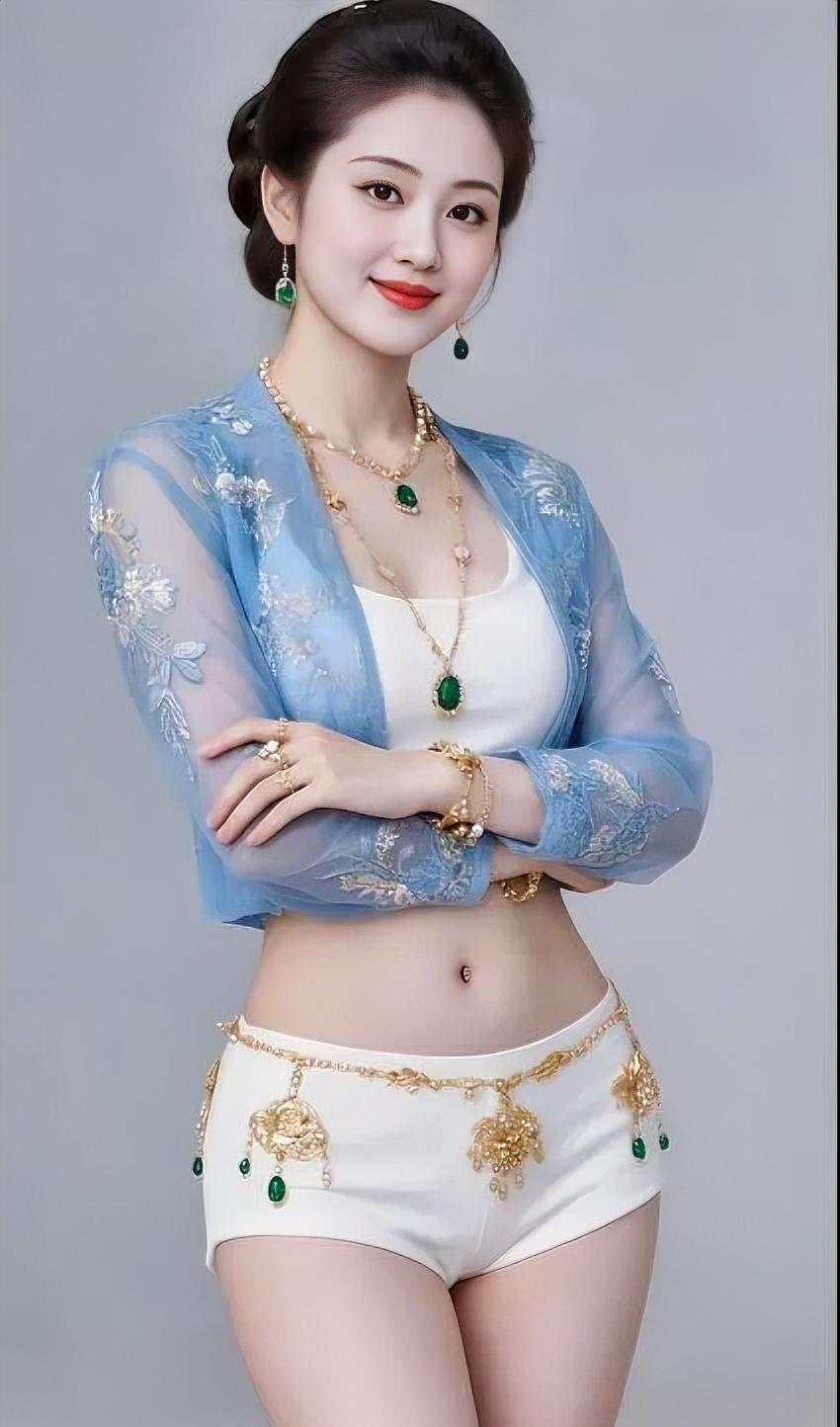 薄纱轻透，蓝绣如梦，翠玉金饰，点缀从容。盘发端庄，双臂轻拢，明眸浅笑