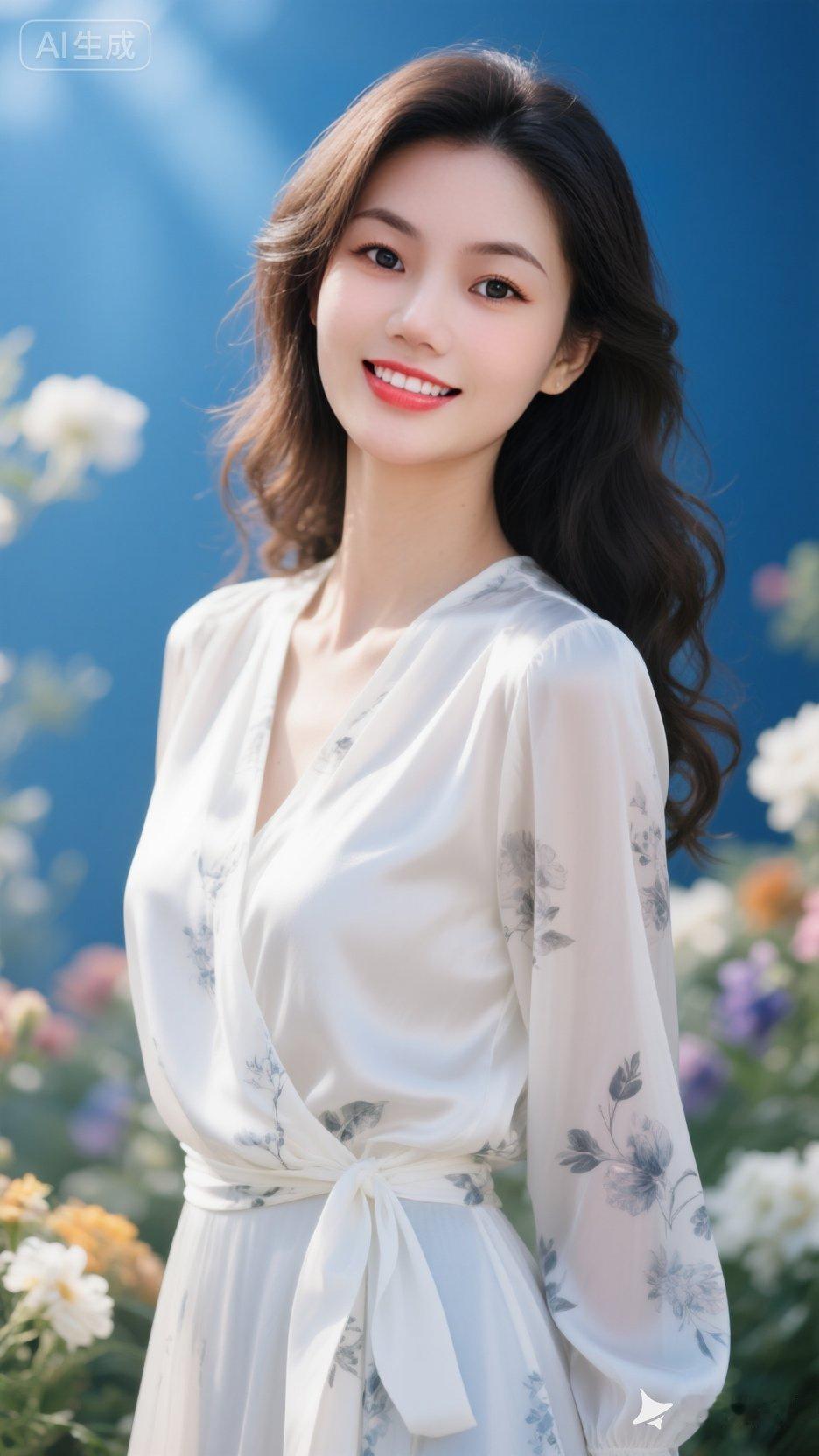 一位年轻漂亮的绝色佳人，皮肤白的发光发亮，真丝一样柔滑，乳白色丝绸雪纺薄款印花飘