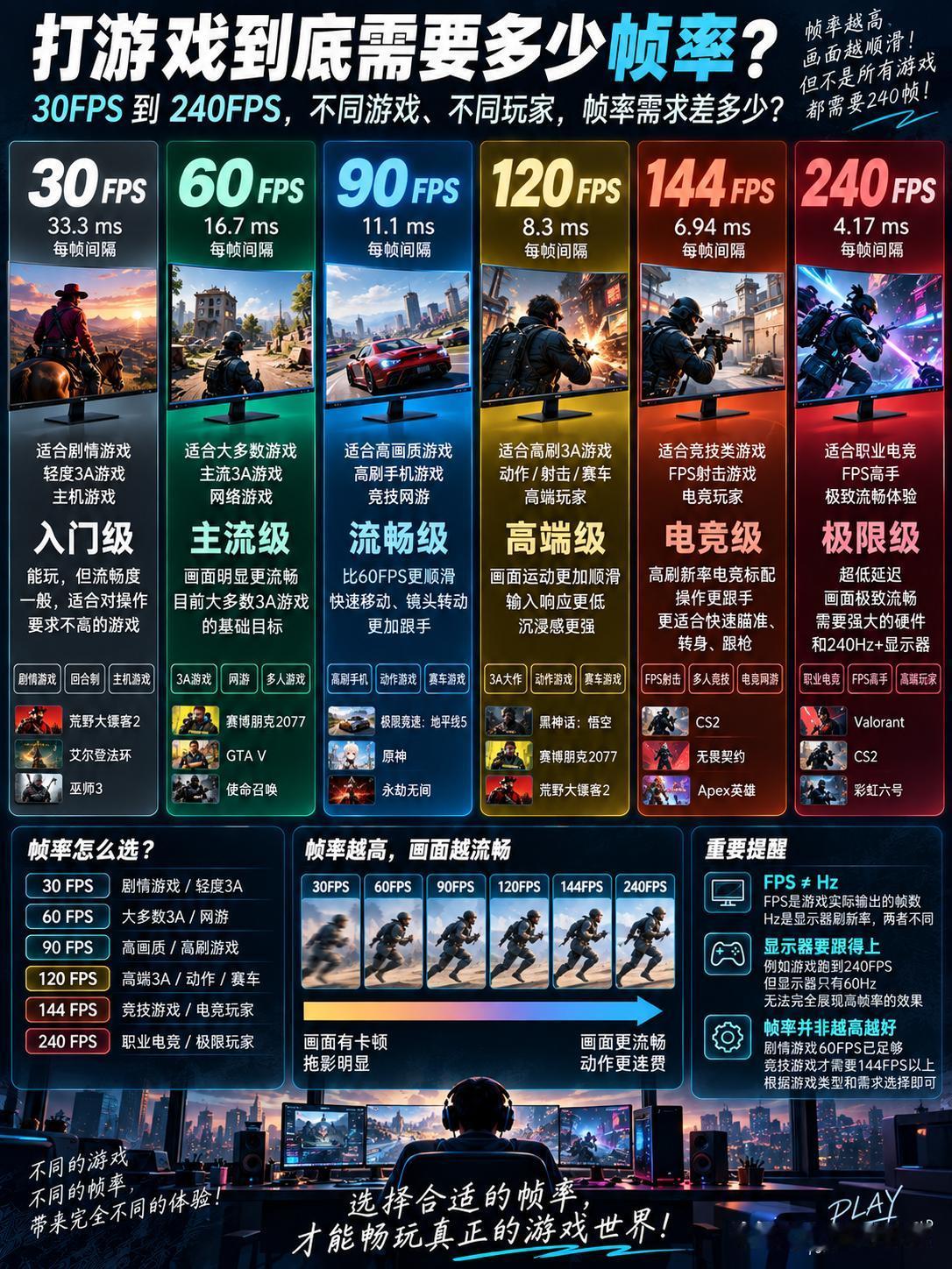 打游戏到底需要多少FPS？一张图给你讲明白。30FPS、60FPS、120F
