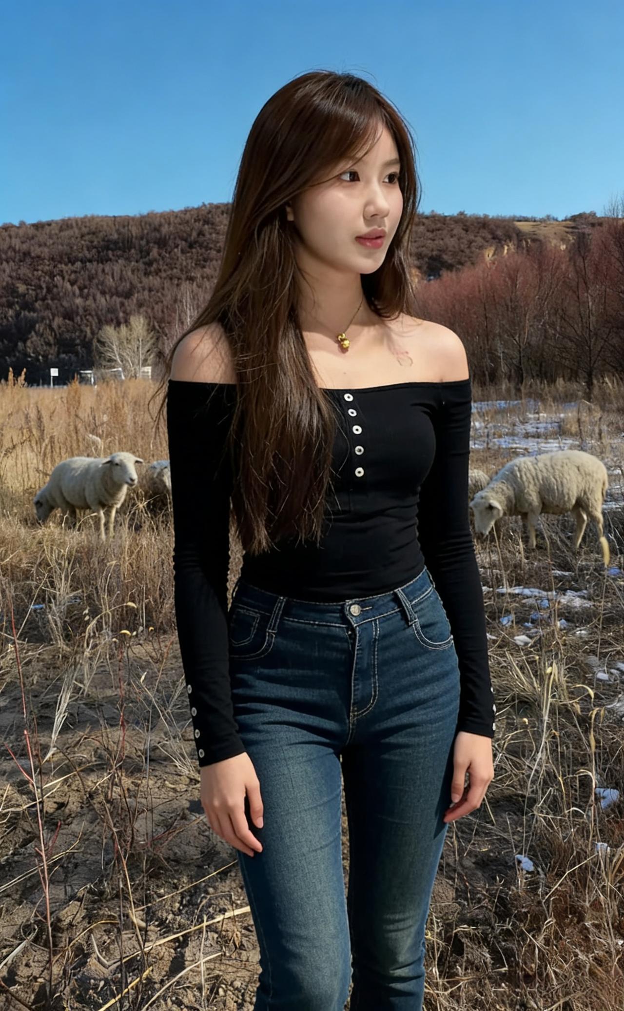 荒草与白羊铺展辽阔黑衫露肩衬尽烟火风掠过发梢的那一刻侧脸写满自由与青涩