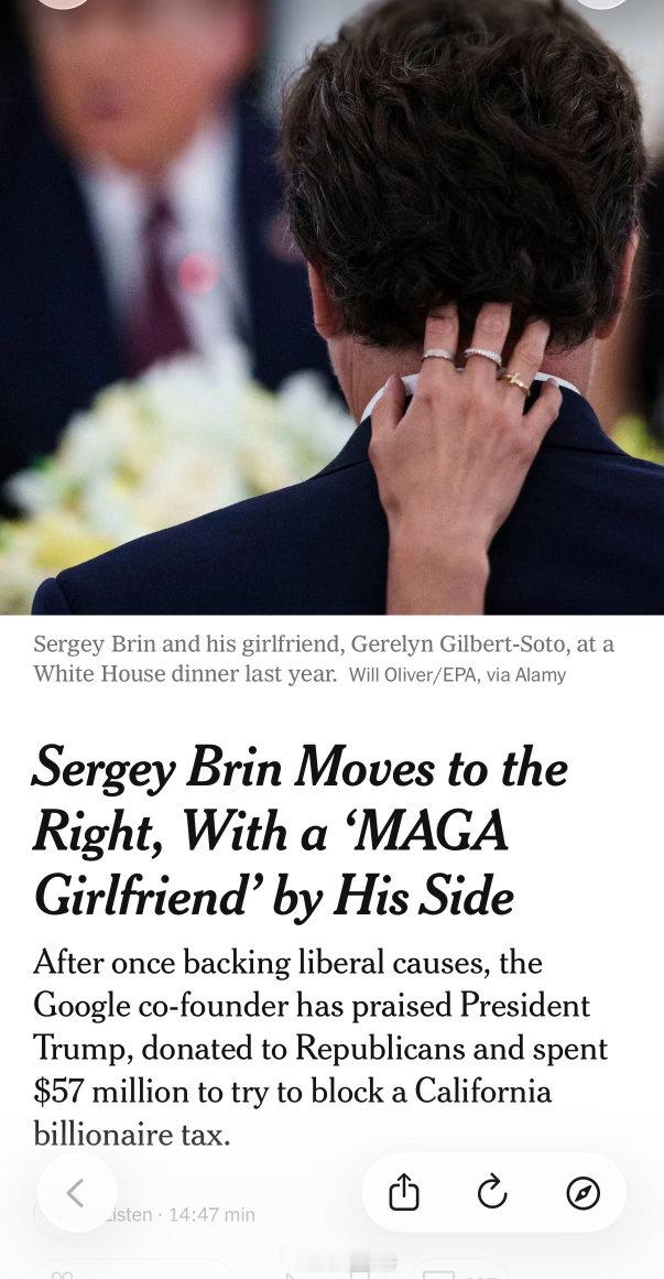 纽约时报报道，Google联合创始人SergeyBrin正在公开转向共和党。这