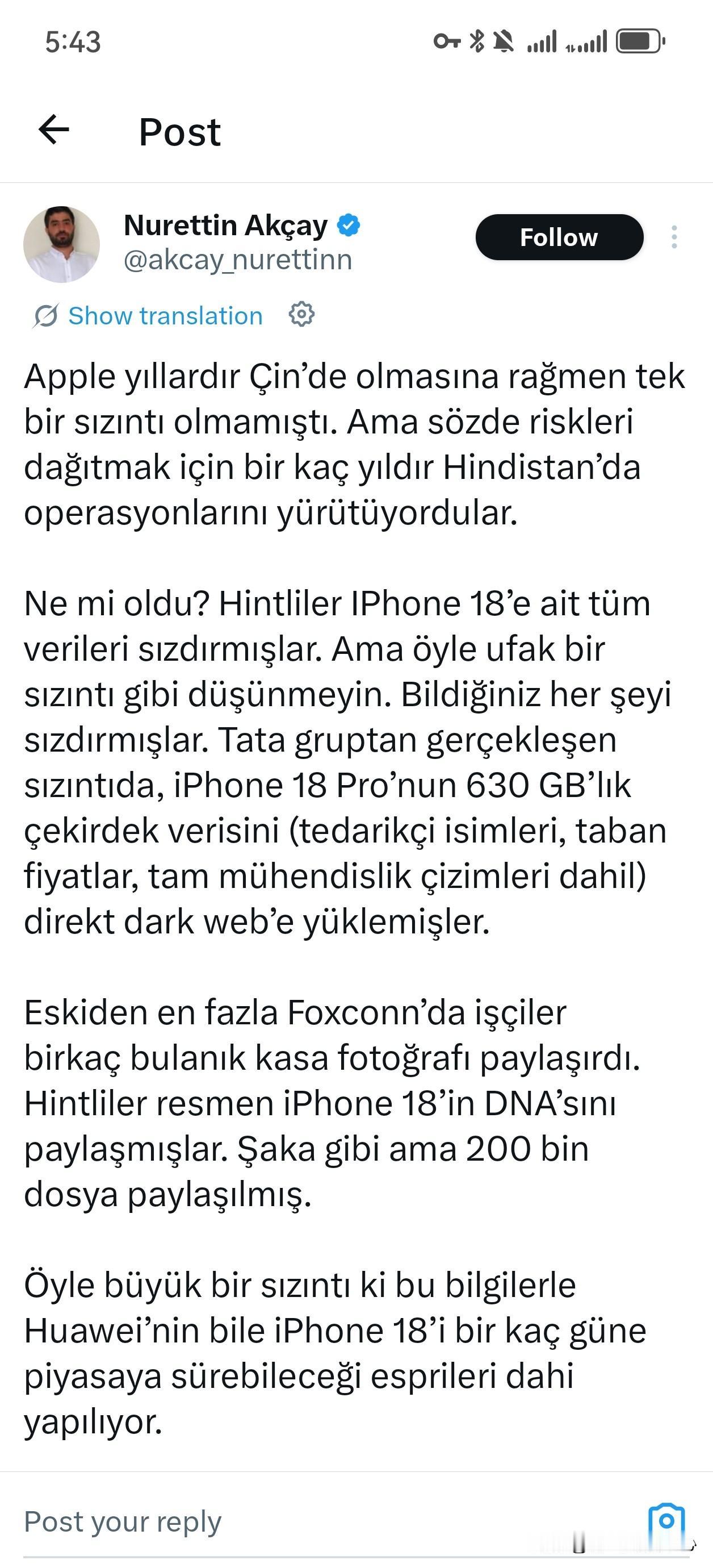 一土耳其老哥表示，尽管苹果公司在中国已经经营多年，却从未发生过任何泄密事件。但