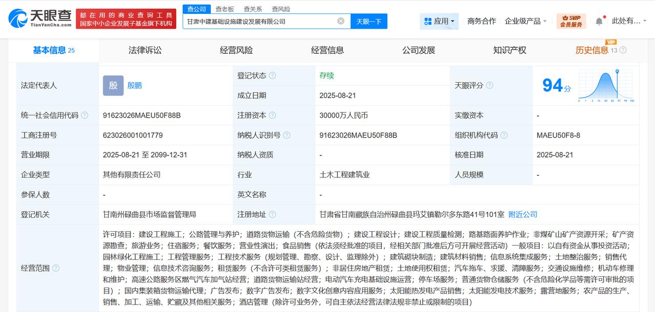 注册资本3亿天眼查工商信息显示，近日，甘肃中建基础设施建设发展有限公司成立，法