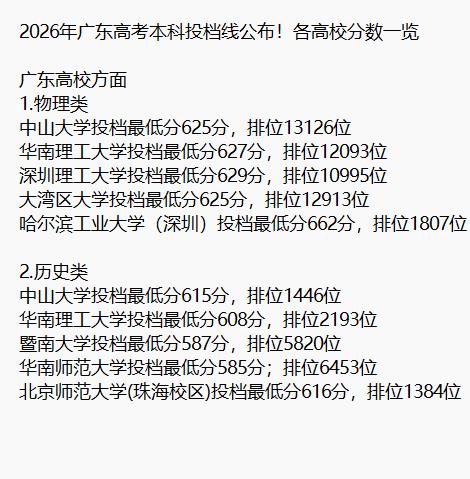 2026年广东高考本科投档线公布！广东家长最关注的省内高校应该就是中山大学跟华南