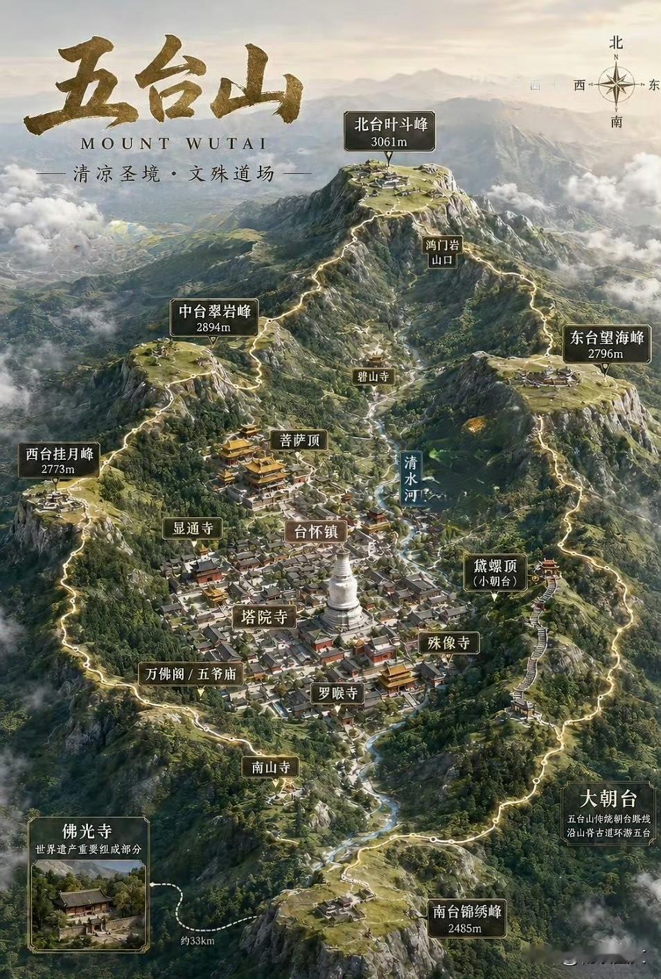 五台山的全貌和景点。