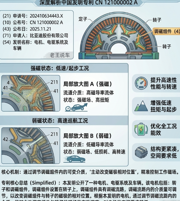 划时代专利！比亚迪首创变磁电机：全工况优化，重新定义高效电驱主动控磁告别能耗焦虑