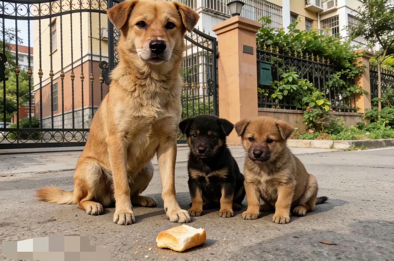 流浪狗妈妈带着宝宝守在路边，饿到极致也不抢地上的面包，这一幕真的看哭了。明明