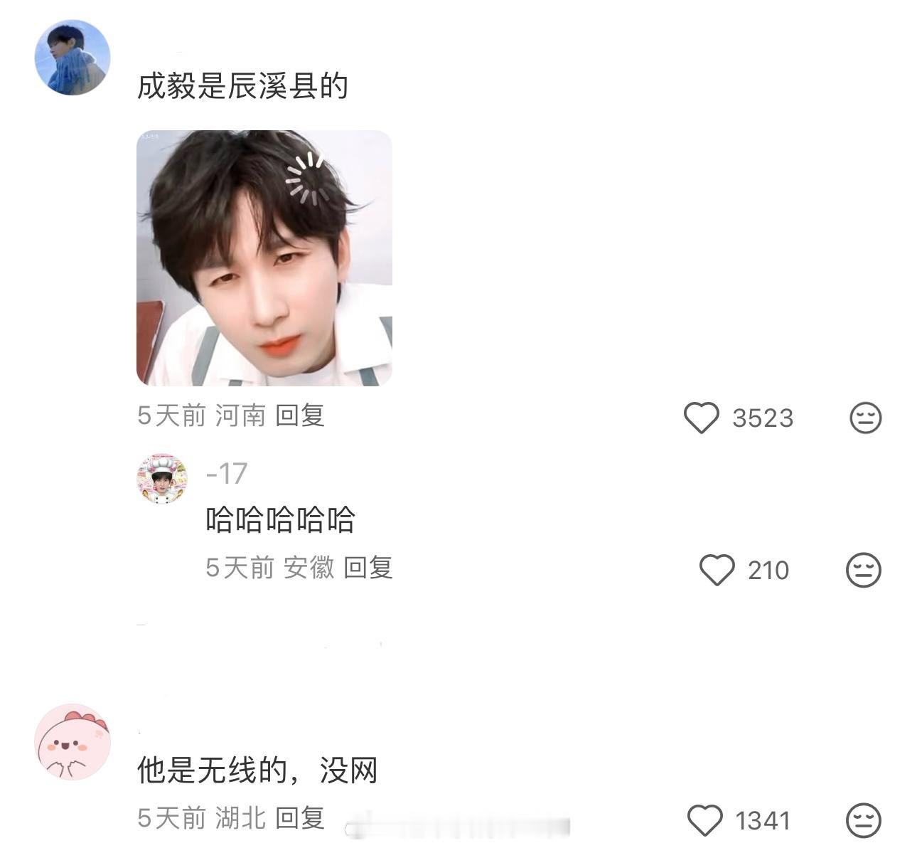哈哈哈网友：成毅一线还是二线粉丝：成毅是辰溪县的[黄鸡大