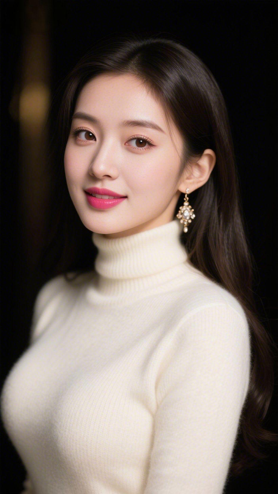 暖绒间的柔光轻和暗调背景里，米白高领绒衫像裹了层软云，温然衬着舒展的气息。