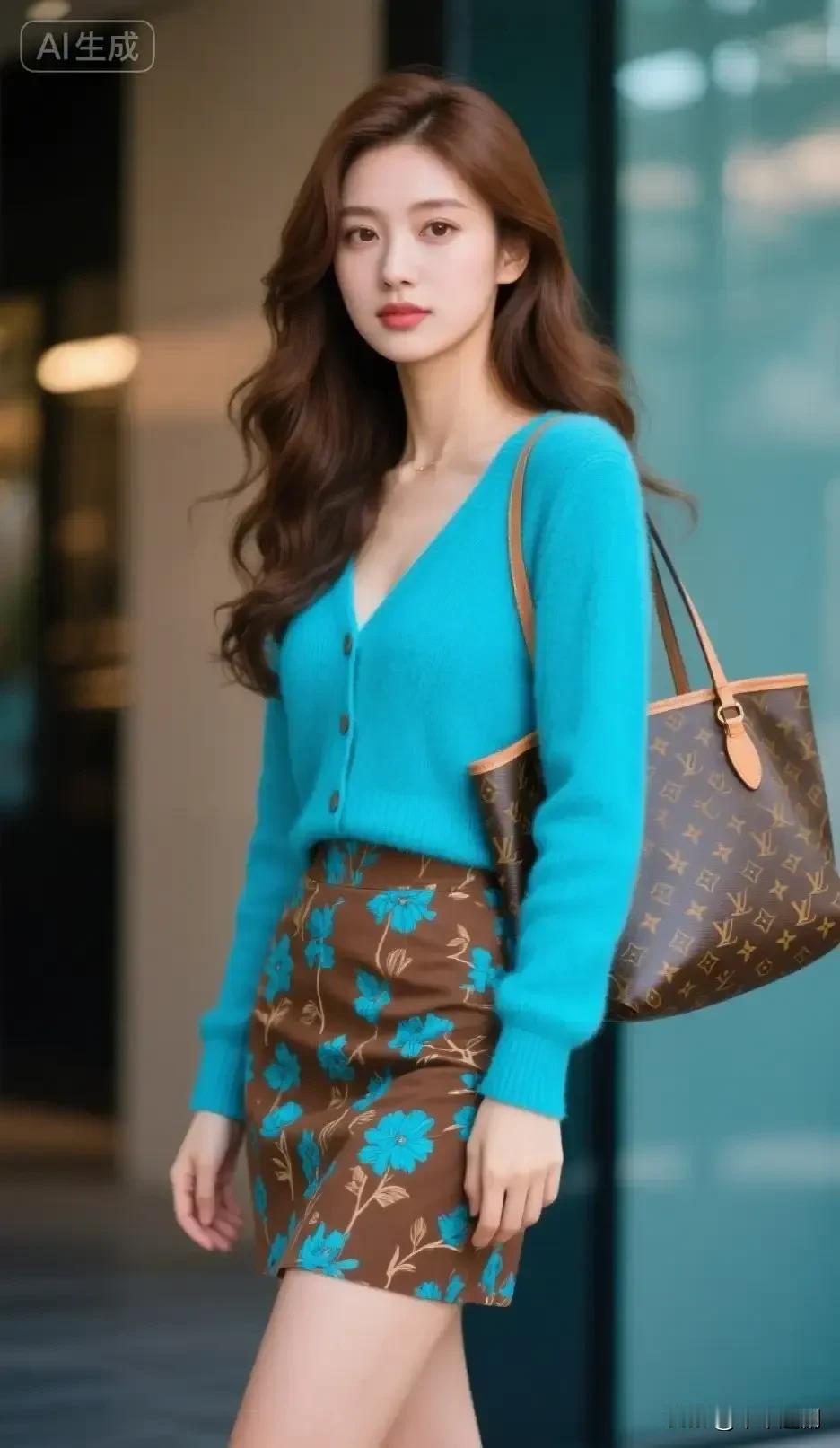 湖蓝针织裹着松弛的甜，裙上花影与包身纹路撞出利落。步履轻晃时，明艳与慵懒正恰好同