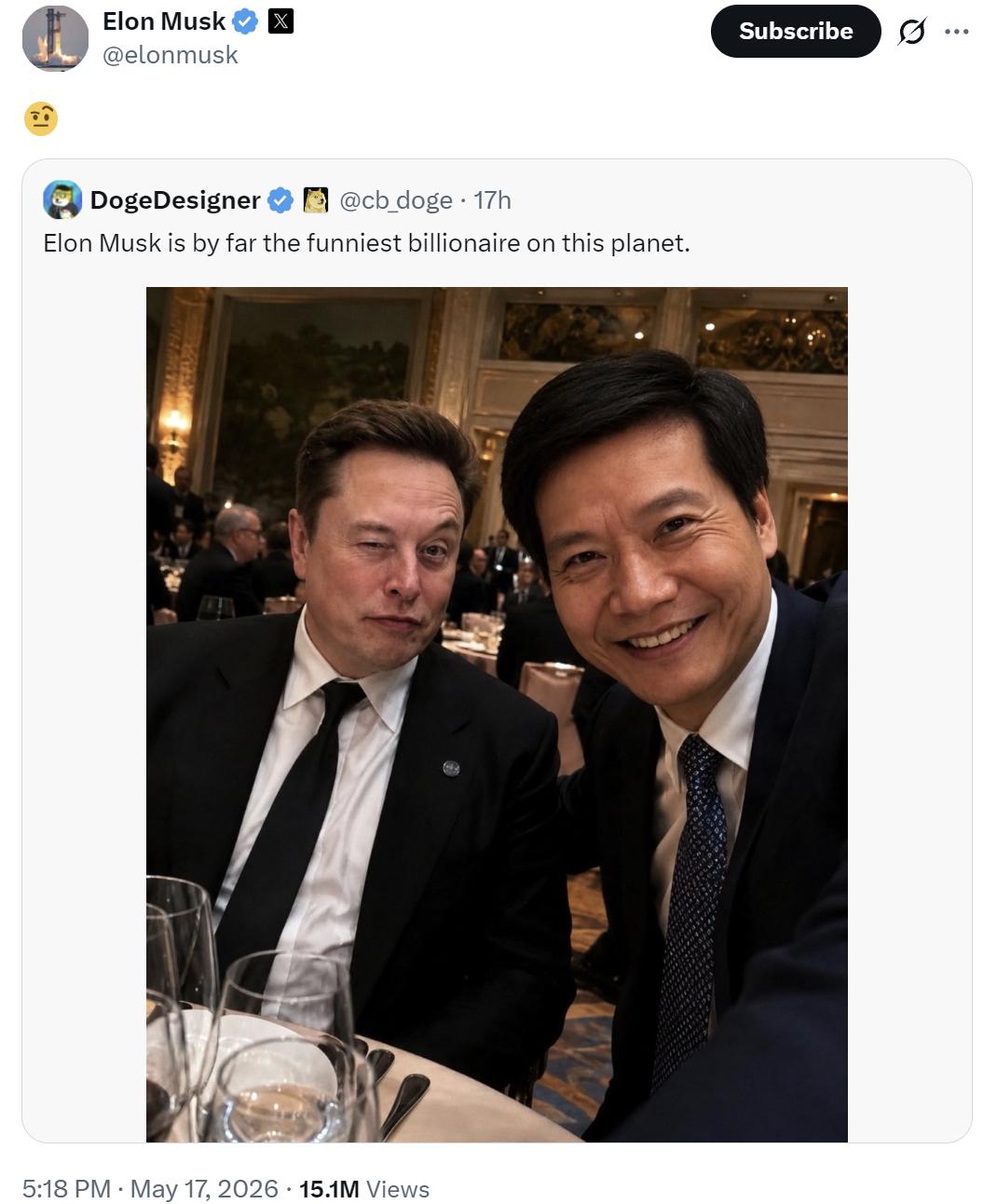 埃隆·马斯克今天（北京时间5月17日）转发了DogeDesigner发布的他和雷