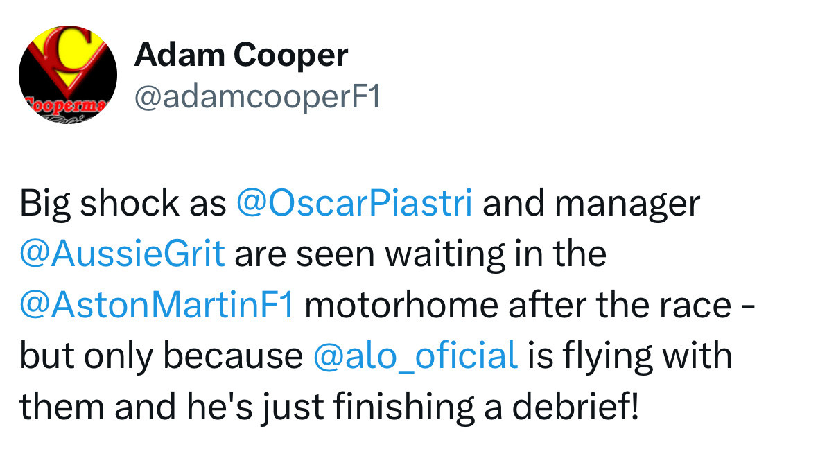 F1AdamCooper：赛后，皮亚斯特里和他的经纪人韦伯在阿斯顿马丁Mot