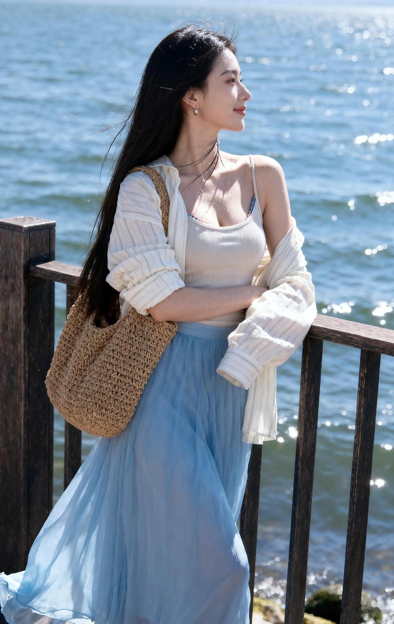 海边漫步，轻盈裙摆随风飘扬，享受阳光与海风🌊💙