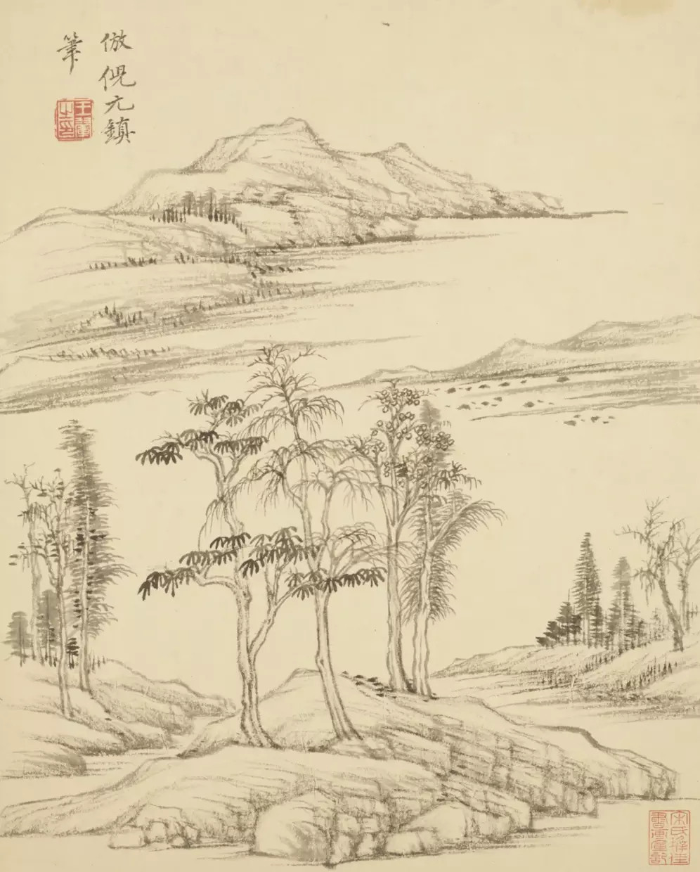 清王翚仿古山水册。全册十六开，其中第九开有“年已七十矣”一印，故知成于辛巳（