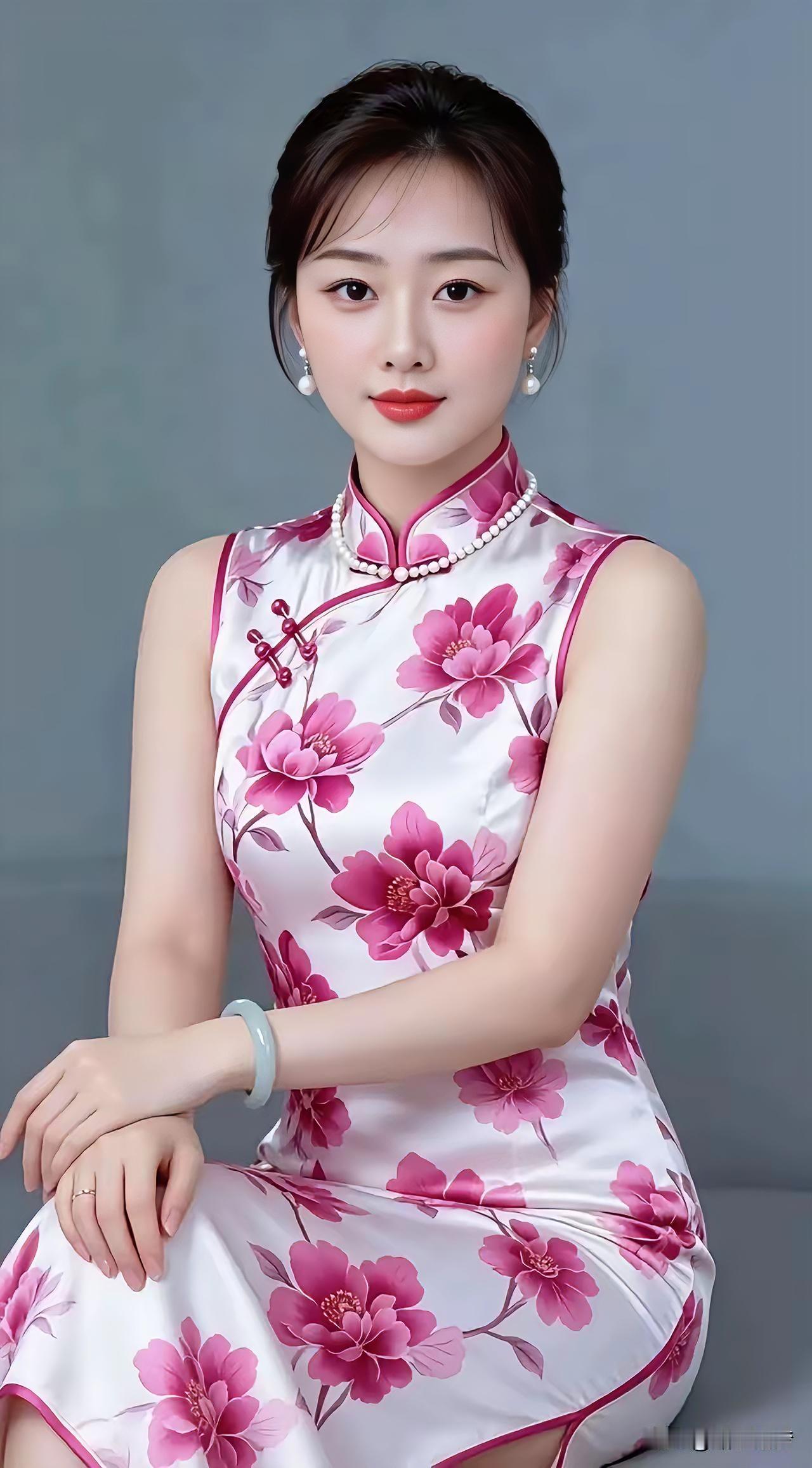 旗袍佳人（打油诗，邀读者续尾）艳蕊初绽绣旗袍，体态温婉韵自超。珠珰耳坠增文
