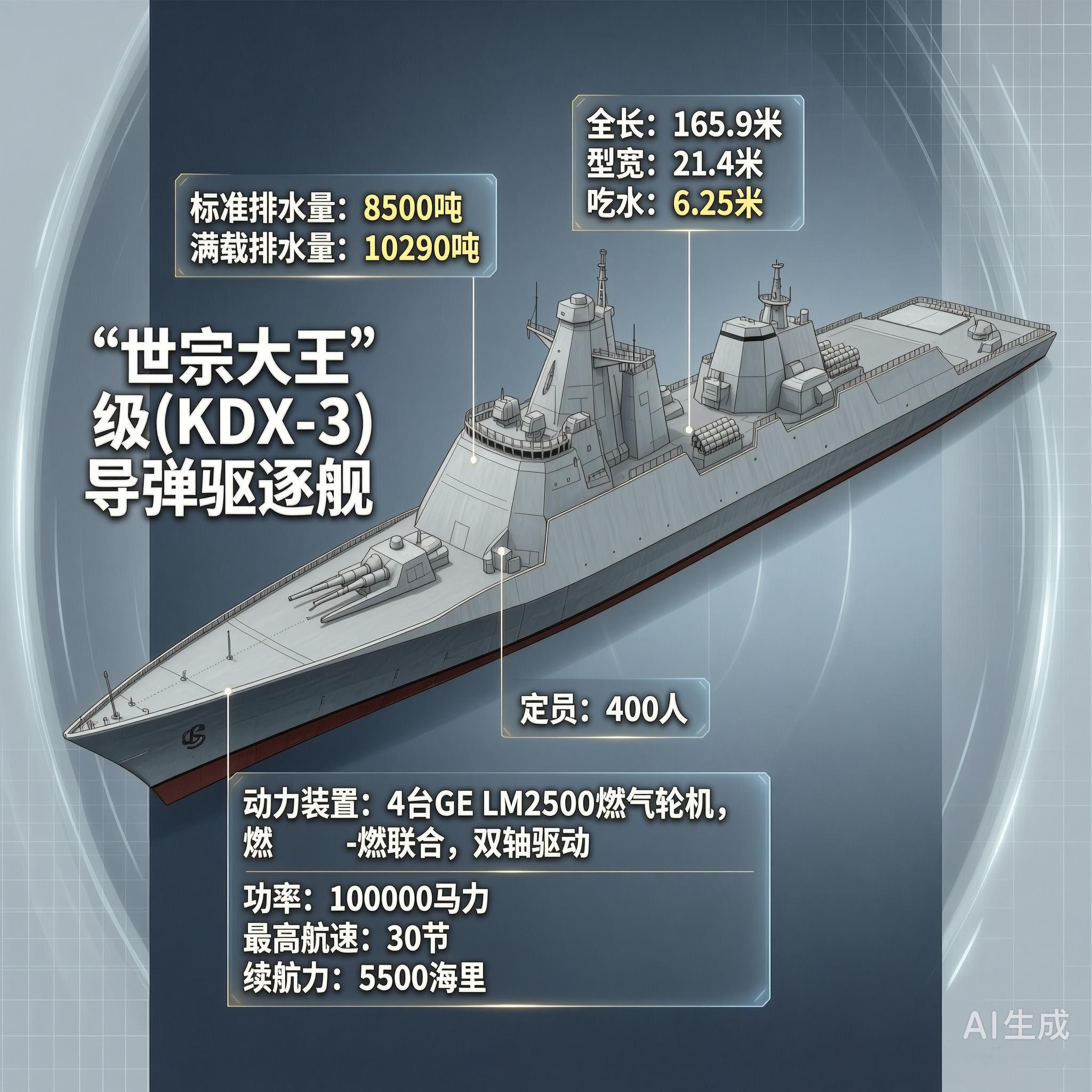 军事ai新视野“世宗大王”级导弹驱逐舰［韩］标准排水量：8500吨满载排水量：