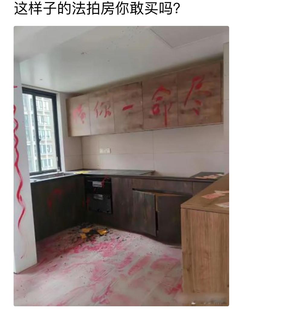刷到这套法拍房直接看麻了，全屋红漆乱写满狠话，地上污渍一片狼藉，橱柜门板印着扎眼