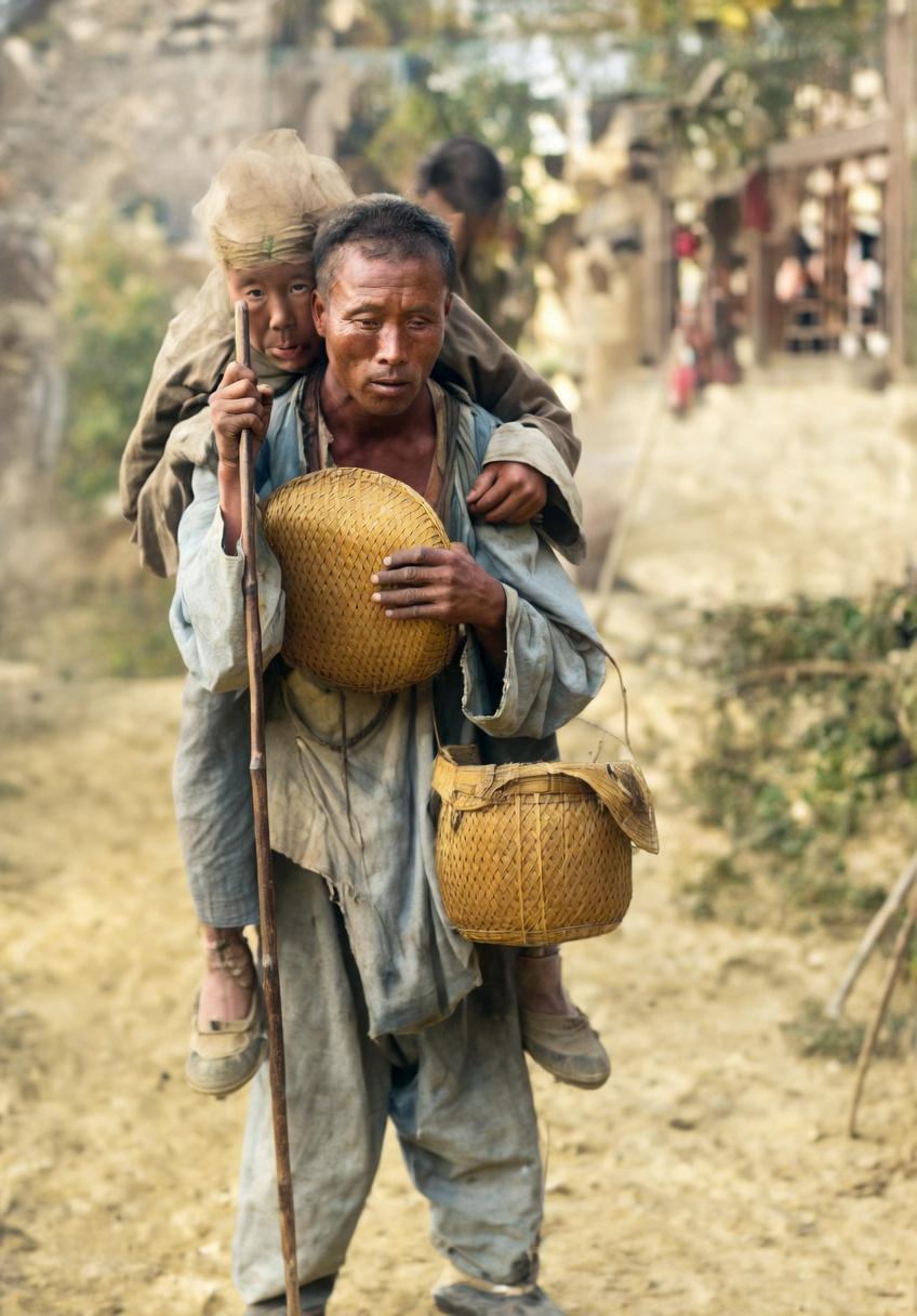 这是清末民初中国底层逃荒流民带着母亲沿街乞讨、颠沛求生，模糊的乡村土路、破败的棚