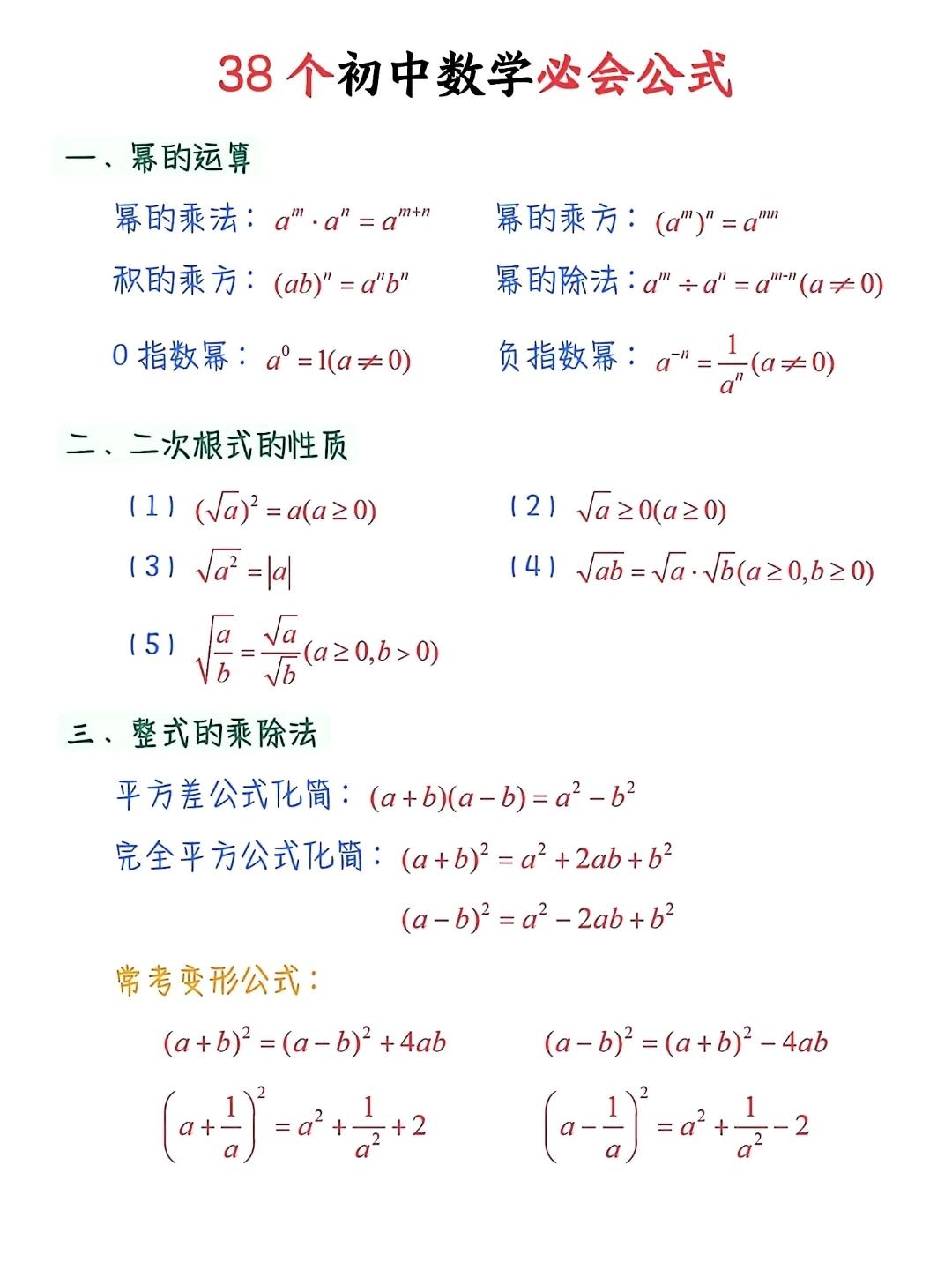 初中数学重点知识，38个初中数学必会公式，收藏复习初中数学必刷初中数学速通