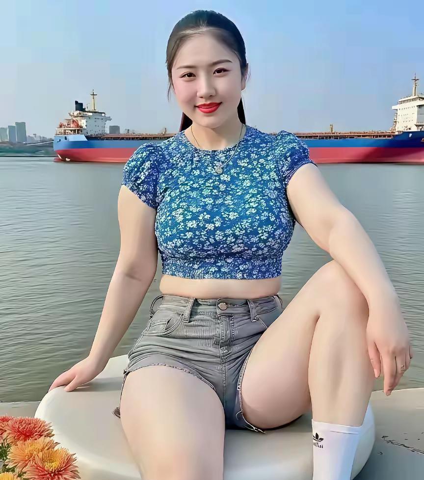 江边一瞥江畔风柔映日曛，佳人静坐韵氤氲。蓝衫碎朵添娇俏，灰裤轻裁显逸群。远