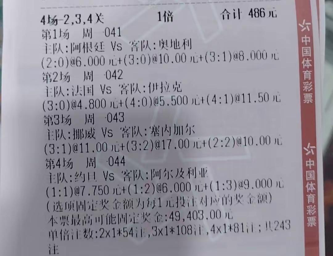 这才是运气好，加上选择了所有的可能性，以486元的投注获得了几万元的大奖！由