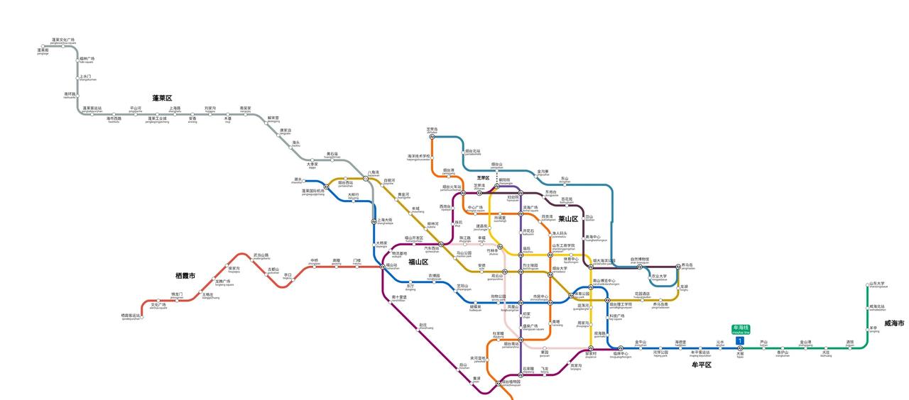 烟台地铁线路图（自制）1号线：大窑～潮水2号线：芝罘岛～回里3号线：养马岛