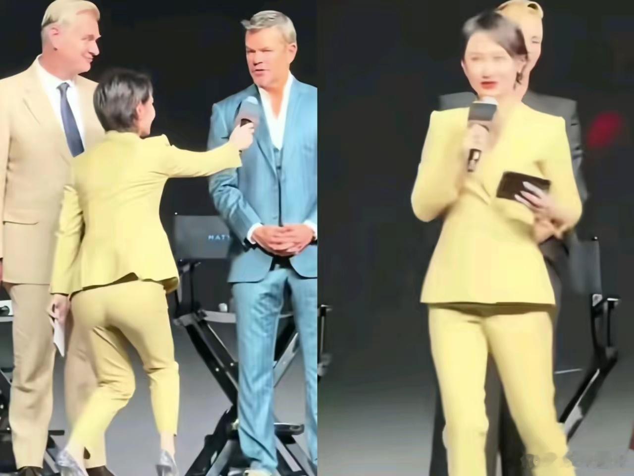 这个半蹲的女主持人叫陈璇，出于好奇我查了一下，没想到她除了是国际电影节常客，还被