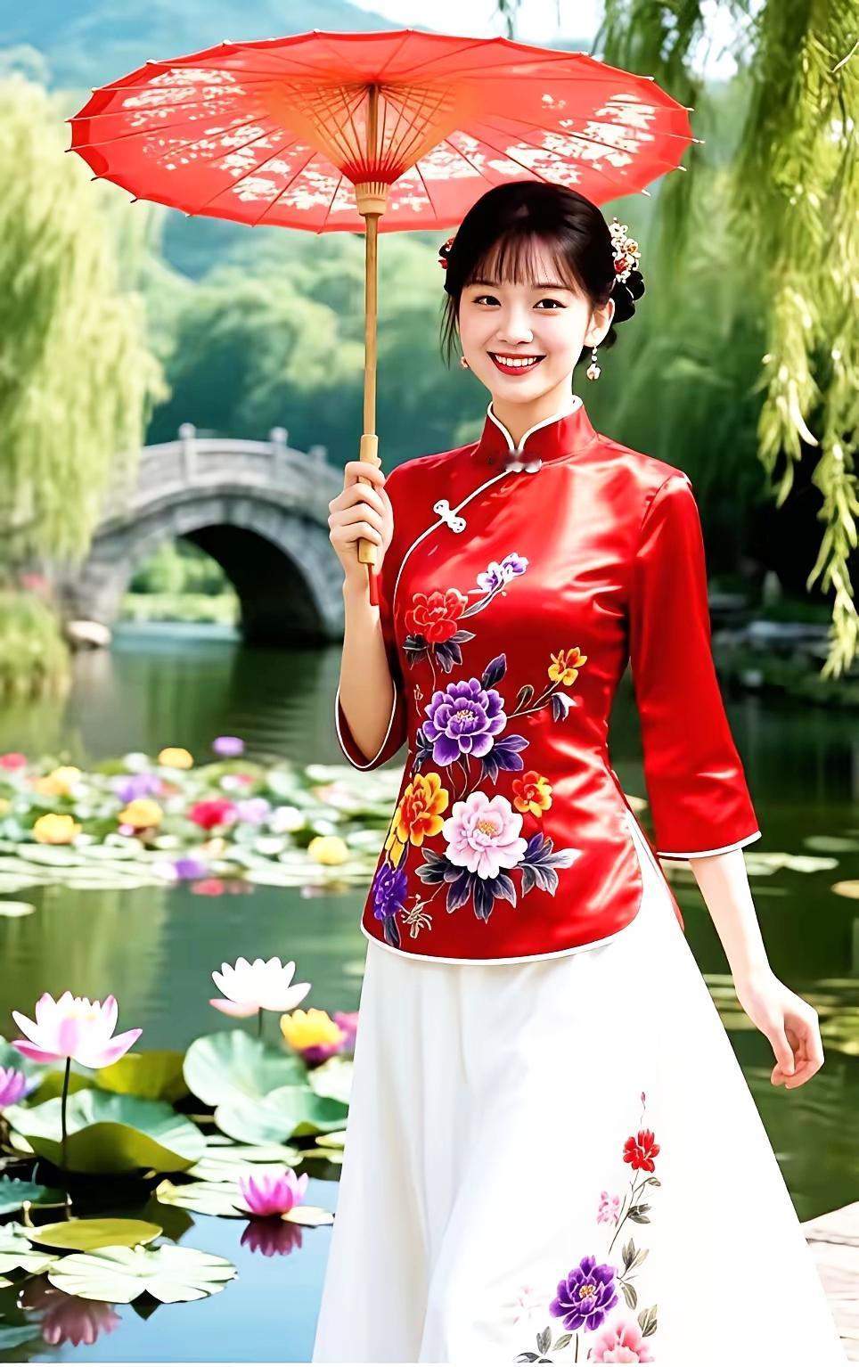 古风少女撑伞漫步在荷花池畔，美不胜收！