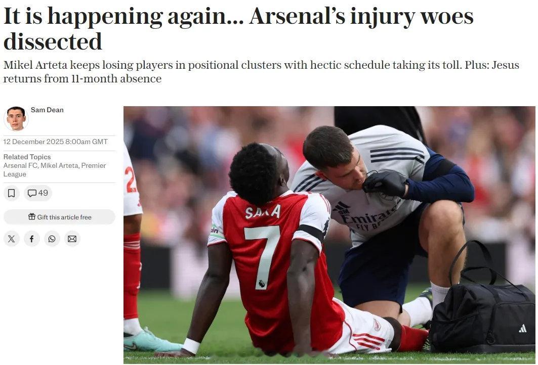 电讯报记者SD发文分析了阿森纳接二连三的伤病问题，看起来曼城和伤病是仅有的阻碍枪