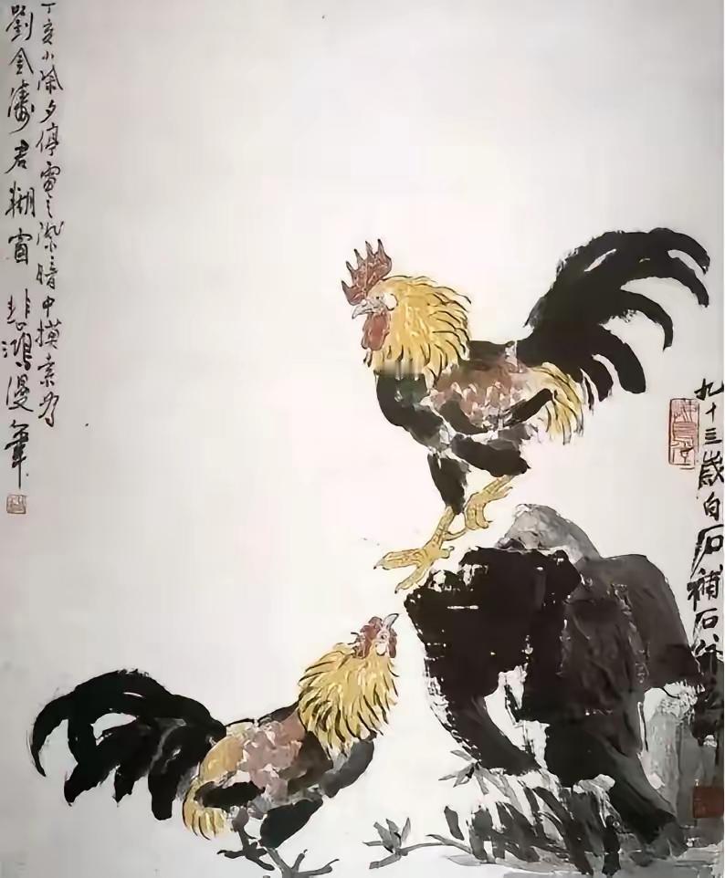 1947年除夕，徐悲鸿为挚友刘金涛作画，刚画完两只公鸡，突然停电了。一时间没办法